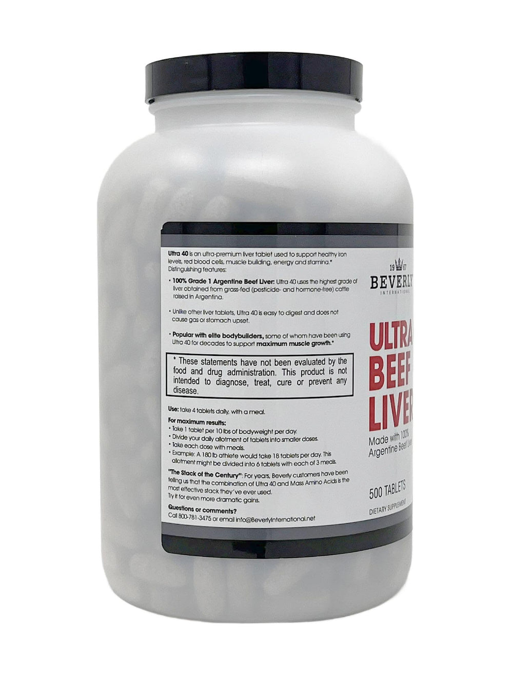 Beverly International Ultra 40 tablet close-up showing compact capsules for steady energy.