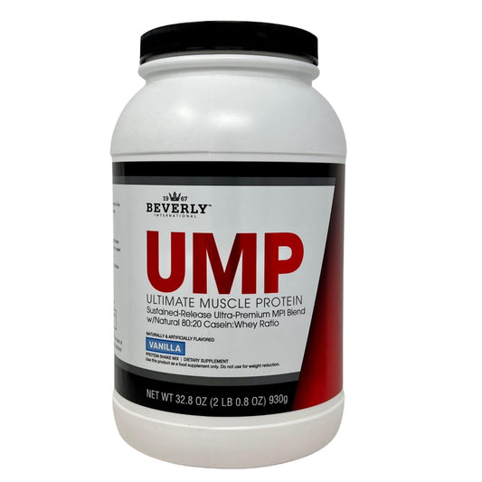 Beverly International UMP Vanilla bottle highlighting packaging and lean muscle support.
