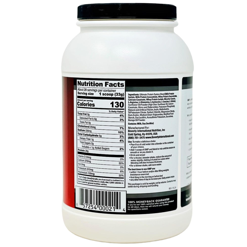 UMP Vanilla powder container on a countertop for meal replacement versatility.
