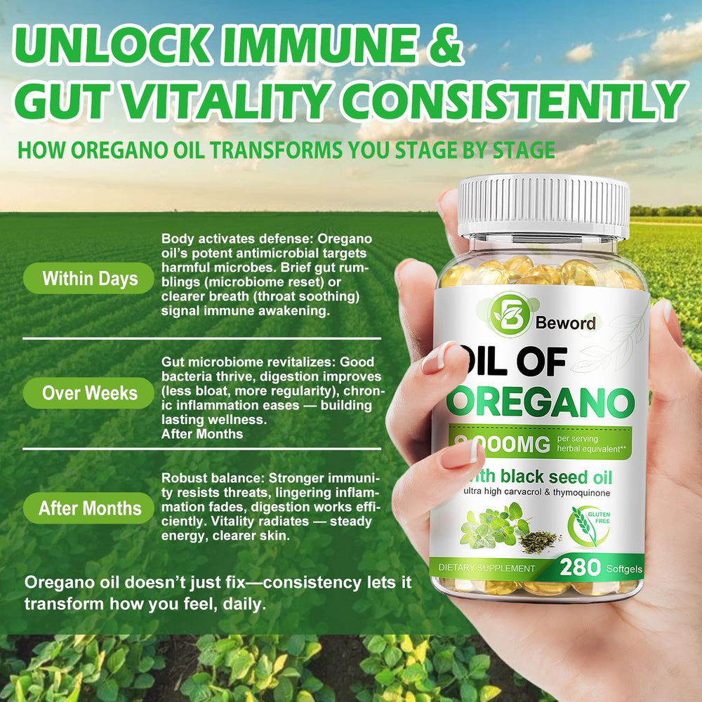 BEWORD black seed oil and oregano oil softgel capsules in a 2-in-1 blend