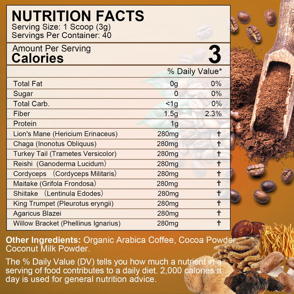 Arabica instant coffee packet beside mushroom blend for quick daily ritual