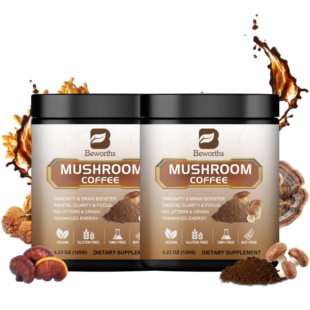 B BEWORTHS mushroom coffee with Lions Mane powder for smooth focus and energy