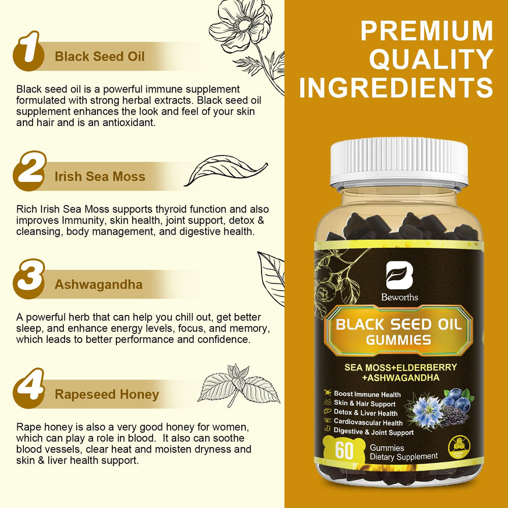 Beworths Black Seed Oil Sea Moss Gummies bottle top view for easy daily dosage.