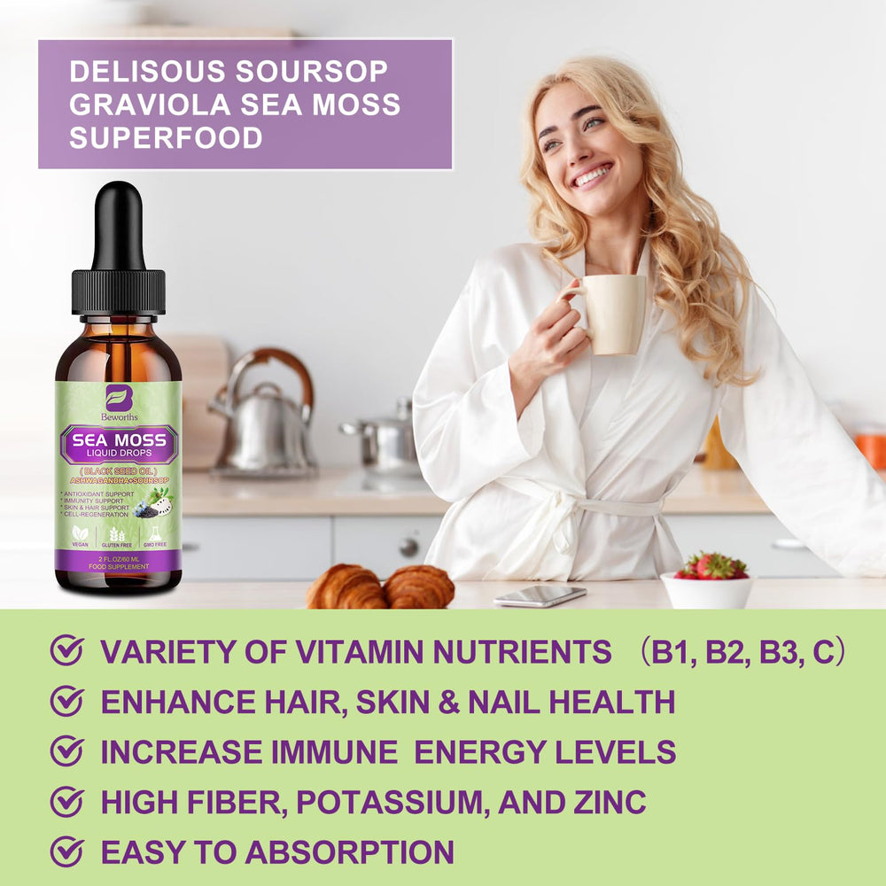 B BEWORTHS Sea Moss Drops dropper view shows precise 20–30 drops guidance.