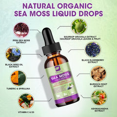 B BEWORTHS Sea Moss Drops pour demonstrates easy dosing for smoothies and water.