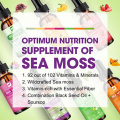 B BEWORTHS Sea Moss Drops serving idea suggests adding to juice or tea.