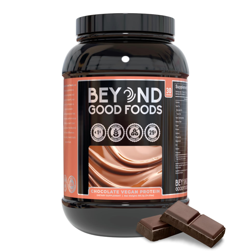 Beyond Good Foods vegan protein powder scoop showing 25g protein per serving for recovery.
