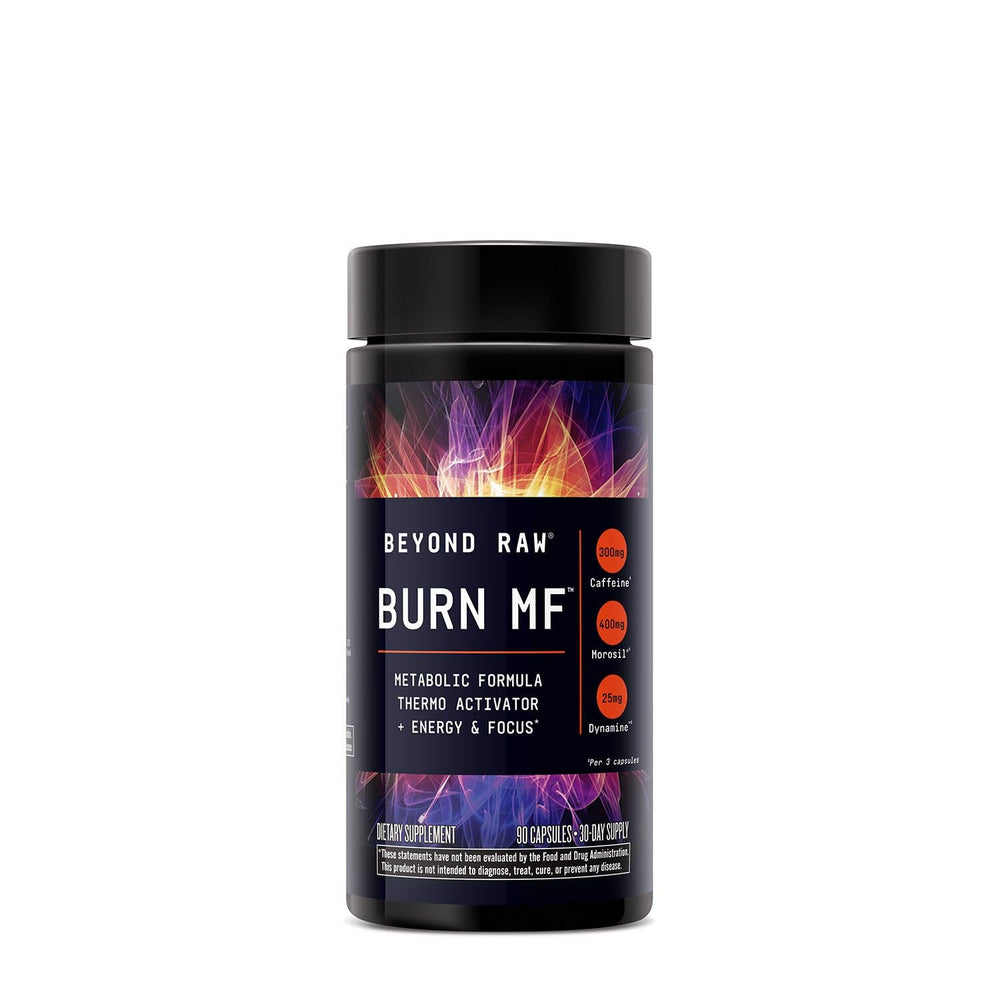 BEYOND RAW Burn MF capsules close-up showing potent caffeine blend.