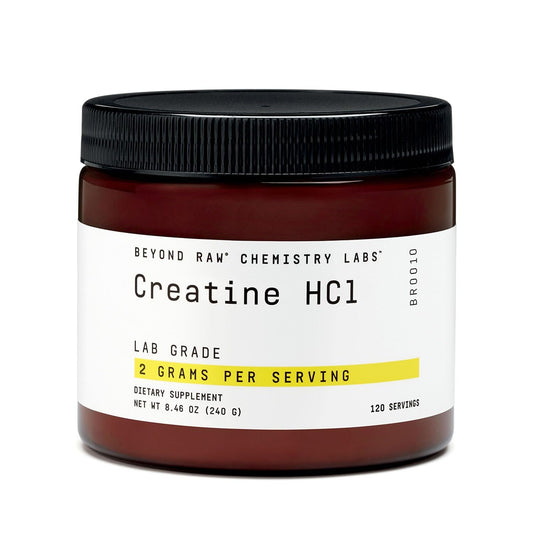 Beyond Raw Creatine HCl powder jar label shows lab-grade ingredients for purity