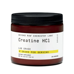 Beyond Raw Creatine HCl powder jar label shows lab-grade ingredients for purity