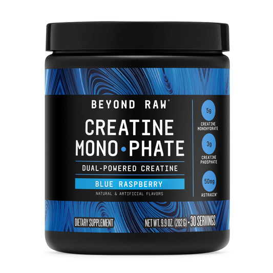 Beyond Raw Creatine Monophate blue raspberry bottle boosts workout energy.