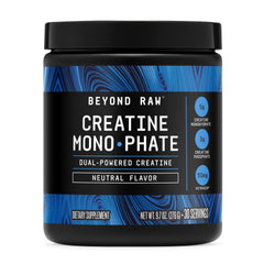 BEYOND RAW Creatine Monophate blue raspberry bottle showing flavor and performance support.