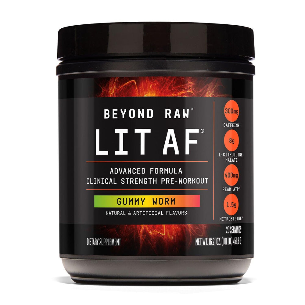 BEYOND RAW LIT AF tub close-up showing premium pre-workout formula for sustained energy