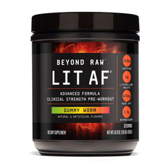 BEYOND RAW LIT AF tub close-up showing premium pre-workout formula for sustained energy