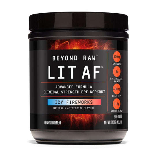 BEYOND RAW LIT ICY Fireworks tub shown for pre-workout energy and focus