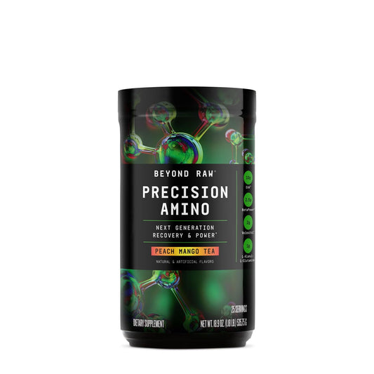 BEYOND RAW Precision Amino peach mango tea bottle with refreshing flavor and post-workout hydration.