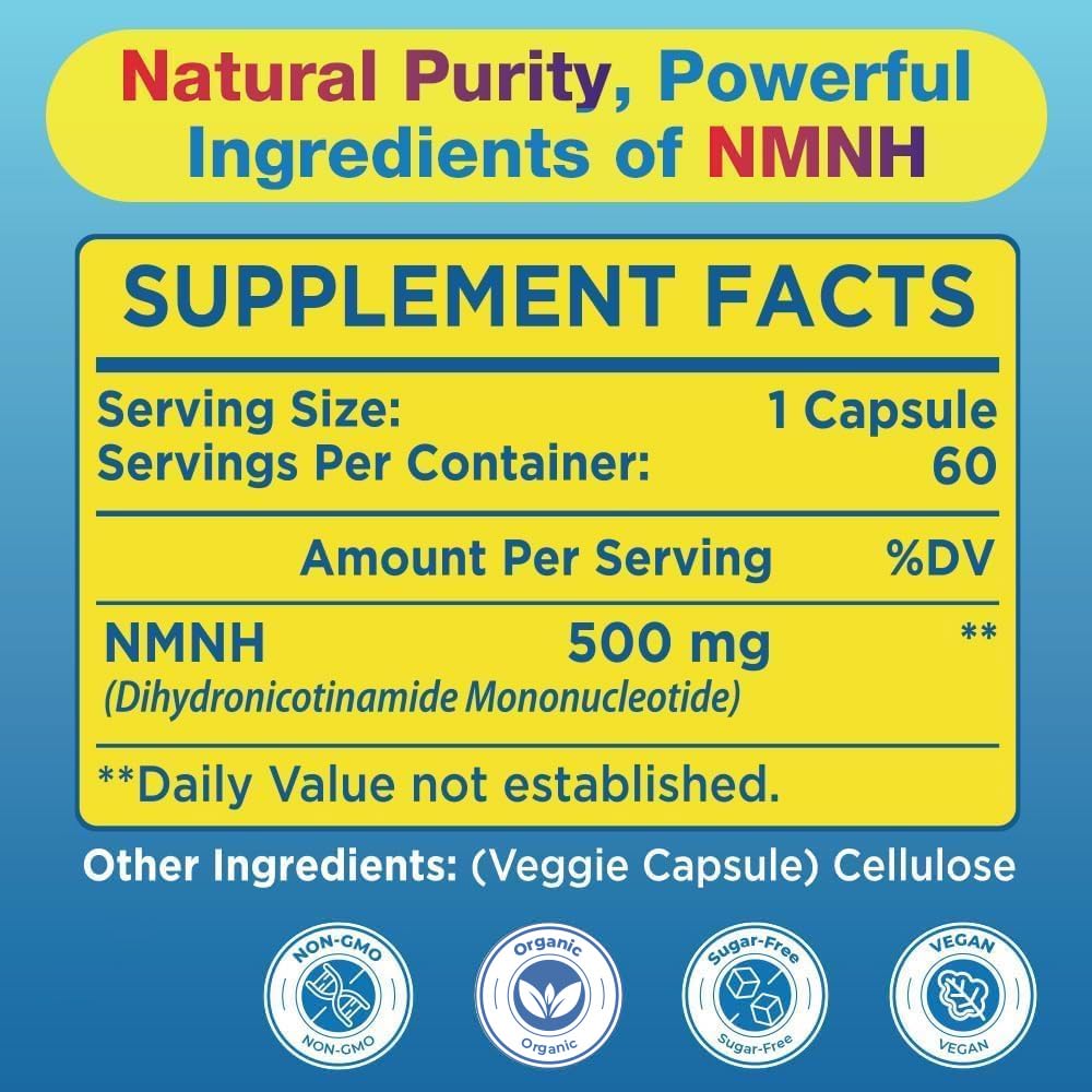 Beyyoly NMNH bottle label highlights vegan, organic, non-GMO credentials.