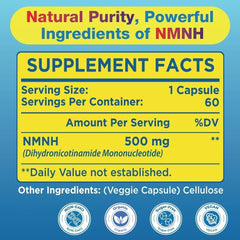 Beyyoly NMNH bottle label highlights vegan, organic, non-GMO credentials.