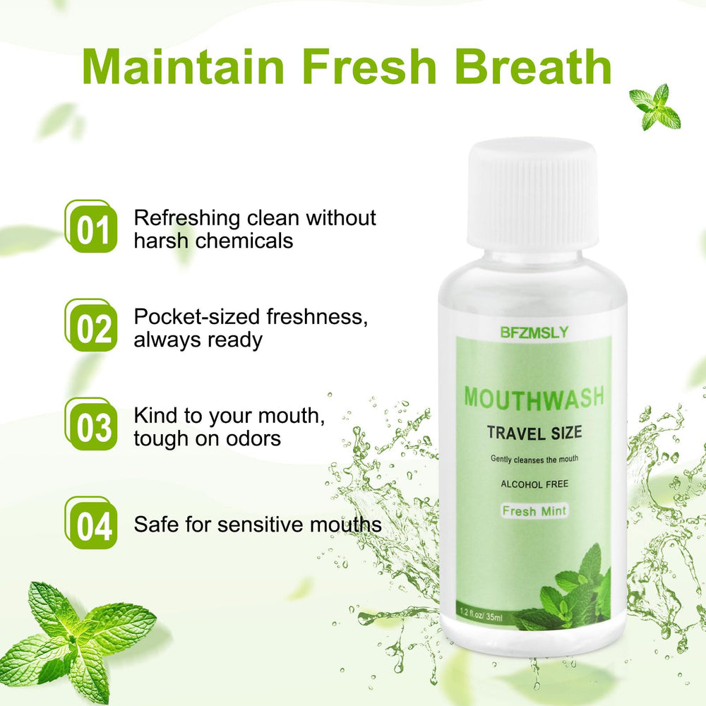 BFZMSLY mint flavor mouthwash for on-the-go freshness.