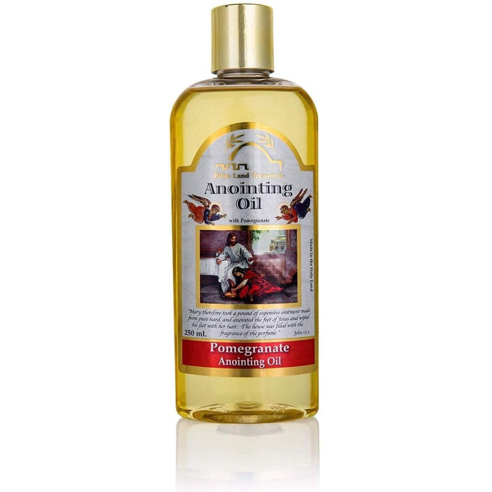 Bible Lands Treasures Anointing Oil with pomegranate bottle invites peaceful prayer and devotion.