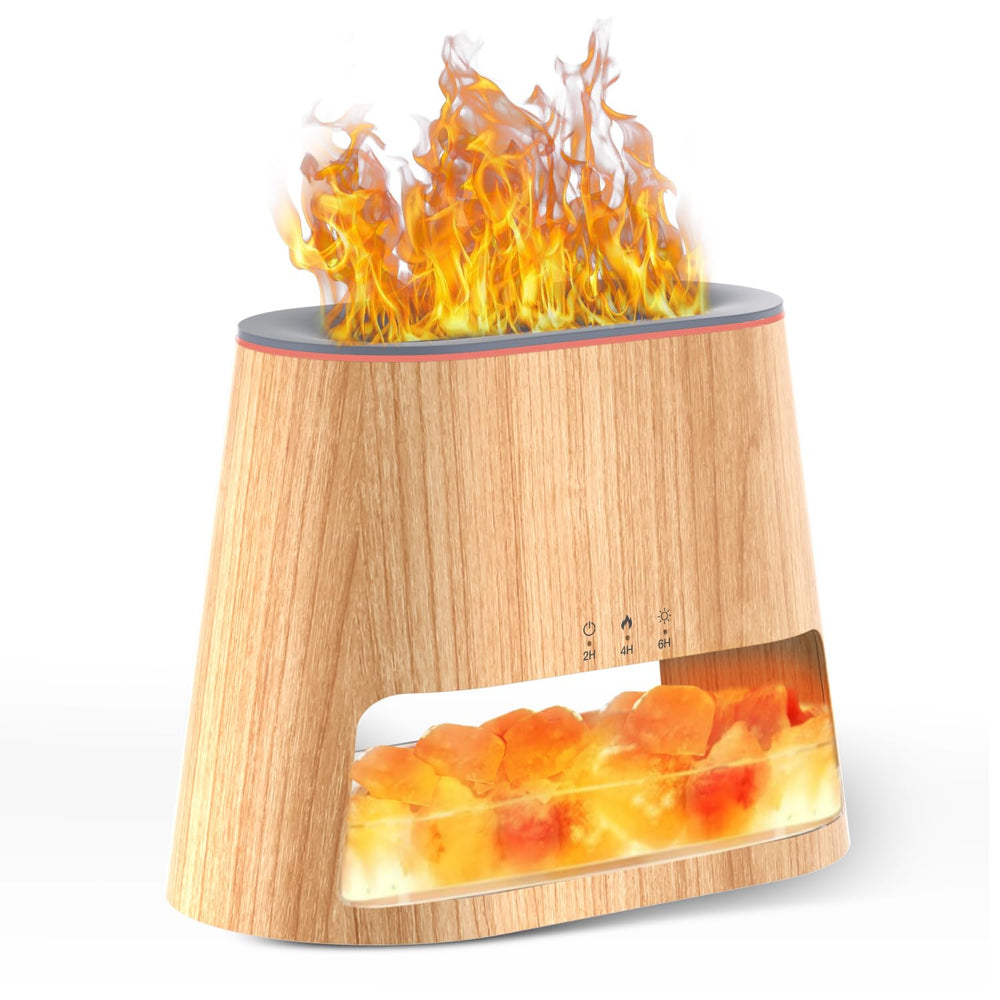 BieJiahWeiBie Himalayan Salt Lamp Diffuser with wood base, close-up glow enhances cozy ambience.