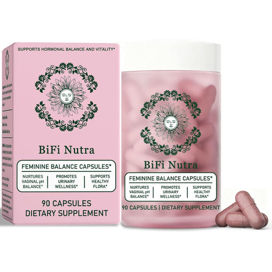 BiFi Nutra Feminine Balance capsules bottle supports daily vaginal and urinary wellness.