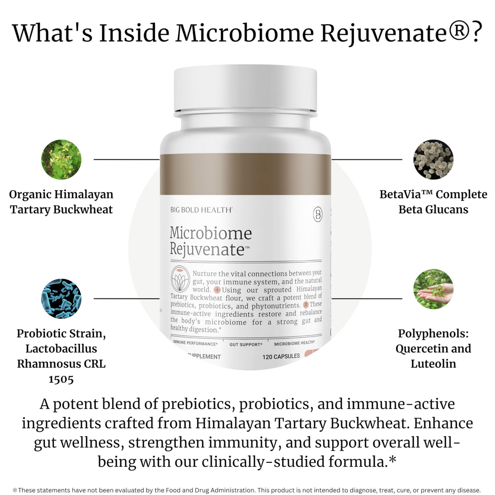 BIG BOLD HEALTH Microbiome Rejuvenate capsules closeup emphasizes Lactobacillus Rhamnosus CRL 1505.