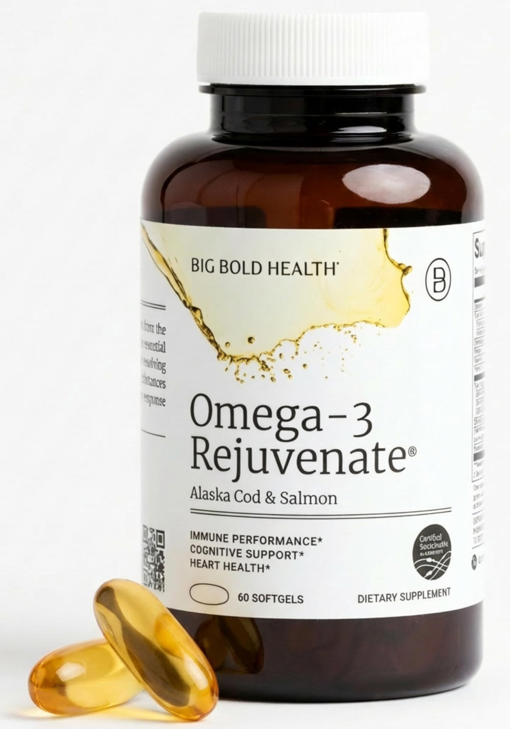 Big Bold Health Omega-3 Rejuvenate bottle with softgels for daily heart and brain support.