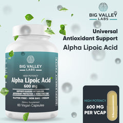 Big Valley Labs Alpha-Lipoic Acid 600 mg label with ingredient highlights.
