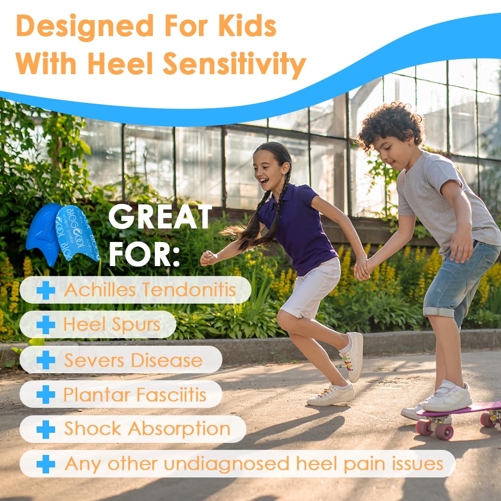 BIGGCOOL kid heel cups blue side view stay in place during activity.