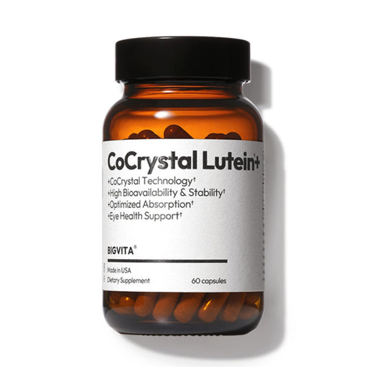 BIGVITA CoCrystal Lutein bottle close-up highlighting fast-absorbing eye support for digital screen users