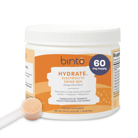 Binto Hydrate bottle front with citrus label for sugar-free hydration for women.