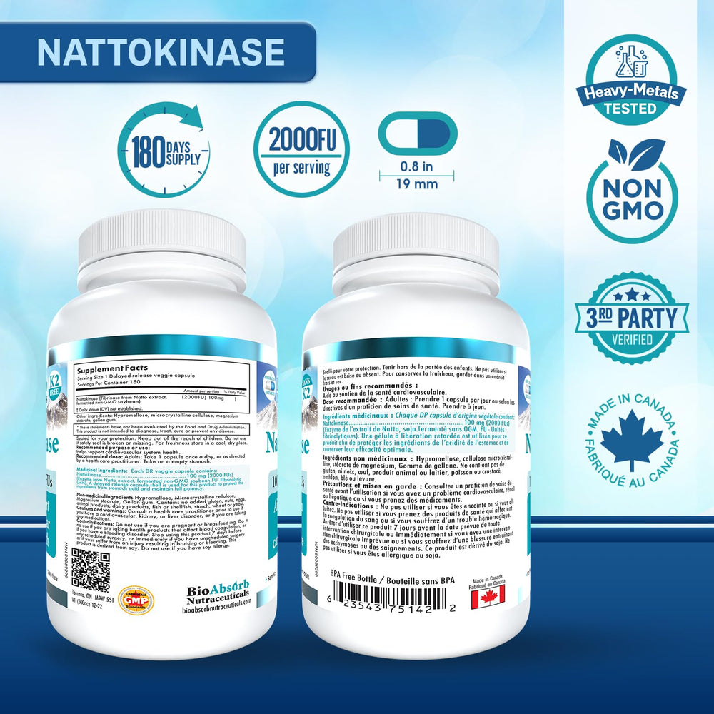 Bio Absorb Nattokinase capsules close-up, vegetarian formula for everyday use