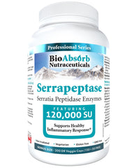 Bio Absorb Serrapeptase bottle showing 120k SPU potency and DRcaps protection.