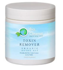Bio Cleanse Toxin Remover powder tub highlights detoxing ingredients aiding absorption.