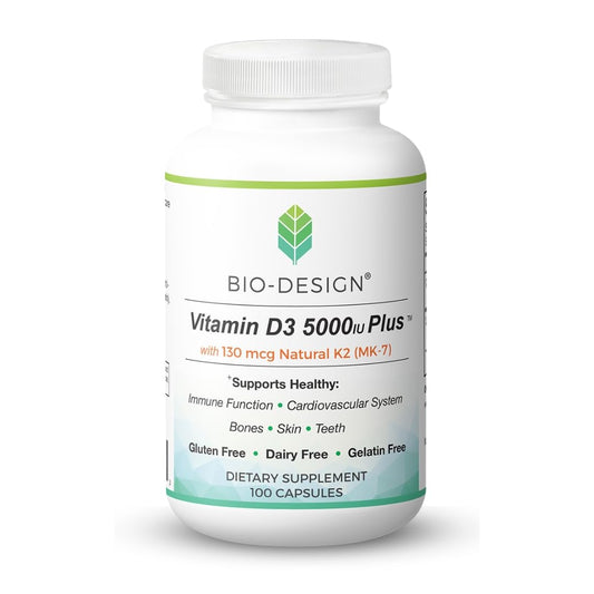 Bio-Design Vitamin D3 5000iu Plus MK-7 bottle for immune and bone health support.