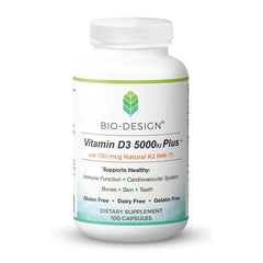 Bio-Design Vitamin D3 5000iu Plus MK-7 bottle for immune and bone health support.
