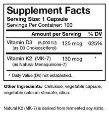 Bio-Design Vitamin D3 5000iu Plus MK-7 label highlighting MK-7 and health benefits.