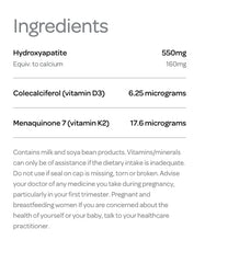 Milk-derived calcium hydroxyapatite with vitamins D3 and K2 in BiO supplement capsules
