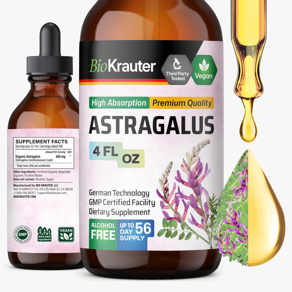 BIO KRAUTER Astragalus tincture bottle front shows pure alcohol-free formula for immune support