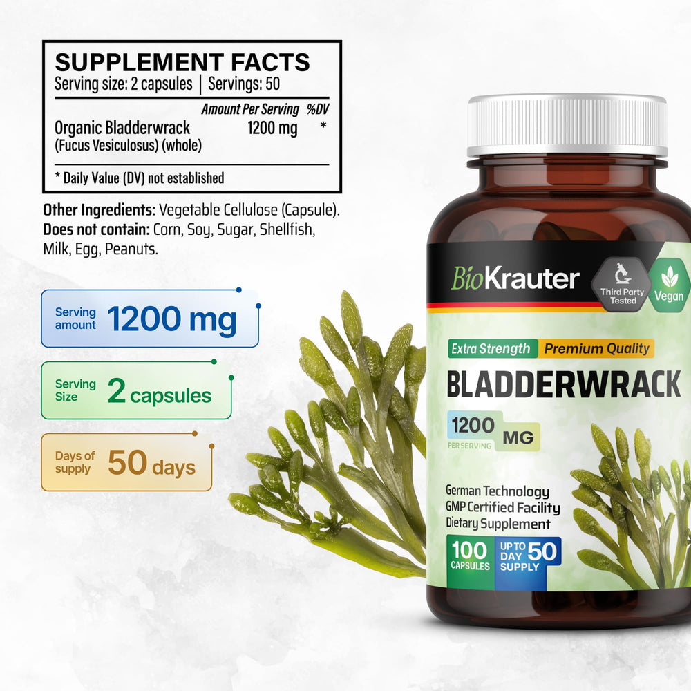 BIO KRAUTER Bladderwrack capsules packaging shows vegan, GMO-free formulation