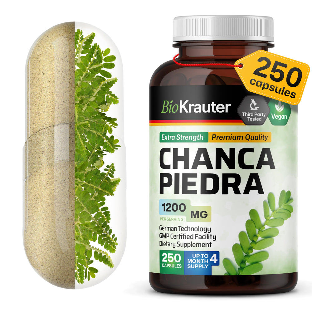 BIO KRAUTER Chanca Piedra capsules close-up highlighting 1200 mg formula for potential kidney support.