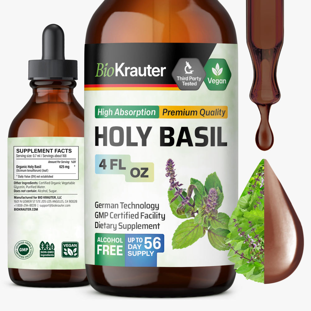 BIO KRAUTER Holy Basil tincture bottle closeup for calmness and natural relief.