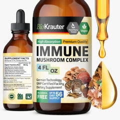 BIO KRAUTER immune mushroom bottle highlights vegan, alcohol-free tincture for daily wellness