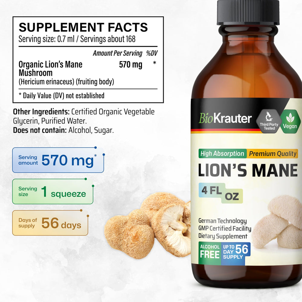 Closeup of BIO KRAUTER Lions Mane dropper preparing precise dosing for consistent intake.