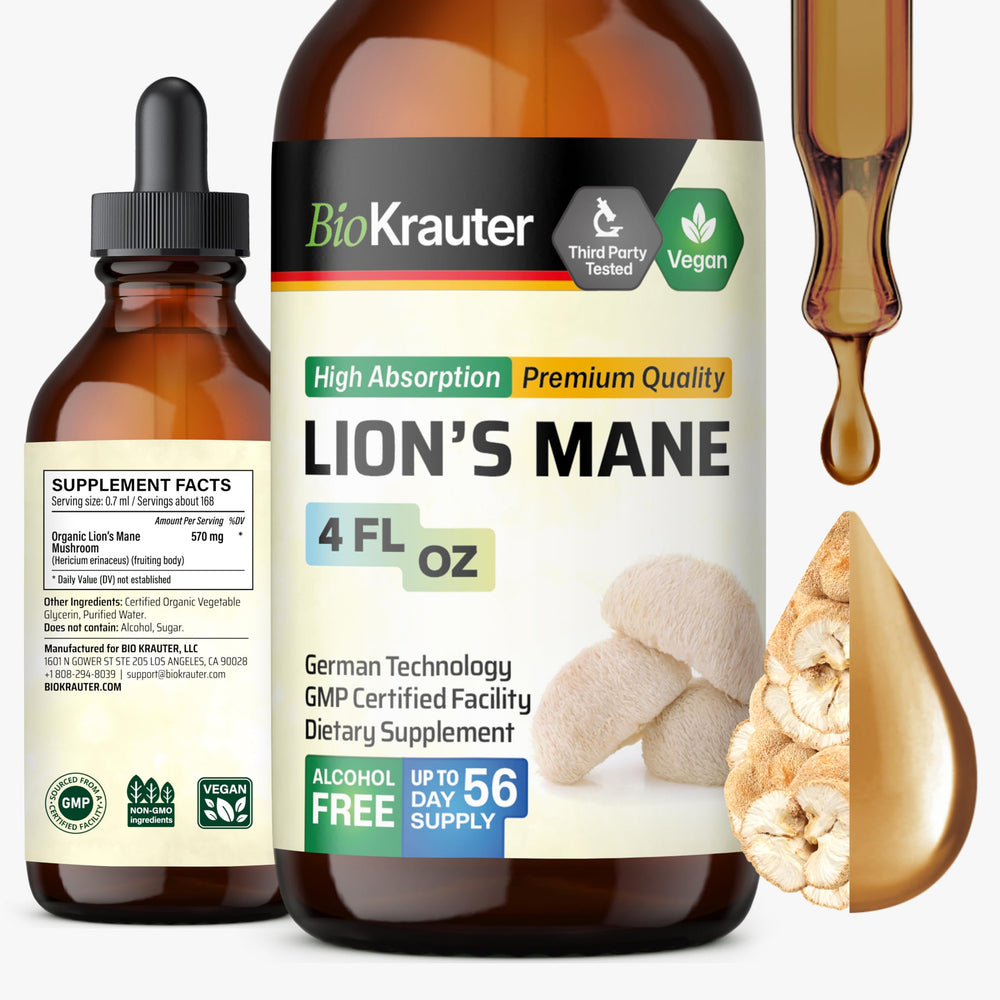 BIO KRAUTER Lions Mane Drops bottle shown for easy daily use and focus support.