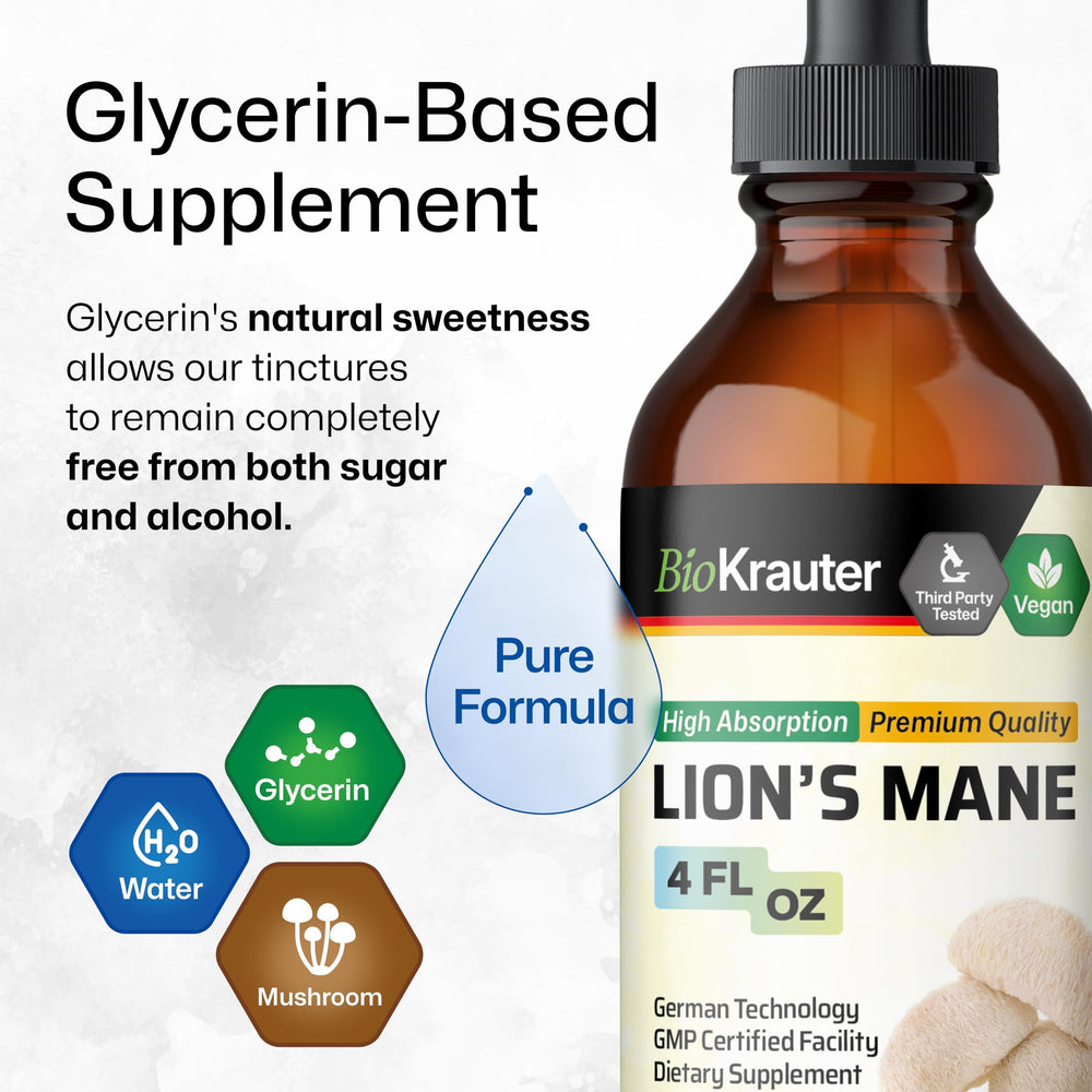 BIO KRAUTER Lions Mane drops used under the tongue for quick administration.