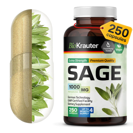 BIO KRAUTER Sage Capsules bottle highlighting 1000 mg per serving for daily support.