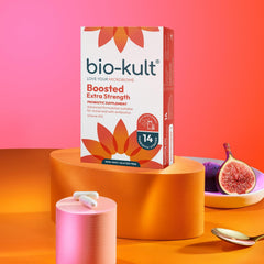 Bio-Kult Boosted bottle on the kitchen counter signals a daily probiotic routine.