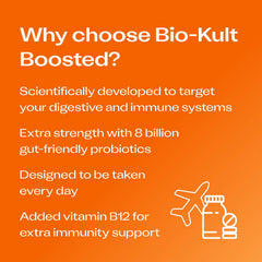 Bio-Kult Boosted capsules closeup highlighting the multi-strain formulation for digestion.